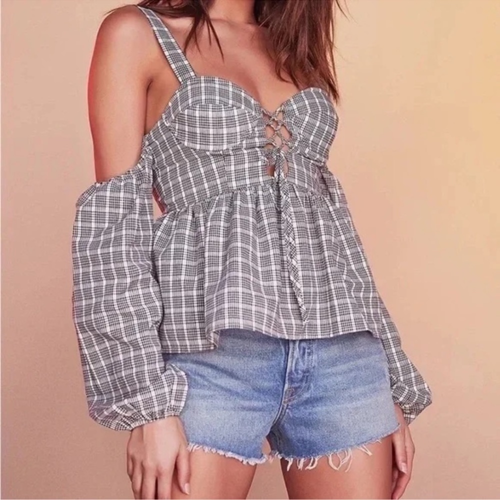 Tularosa Black White Plaid Off The Shoulder Babydoll Top Blouse Size Small